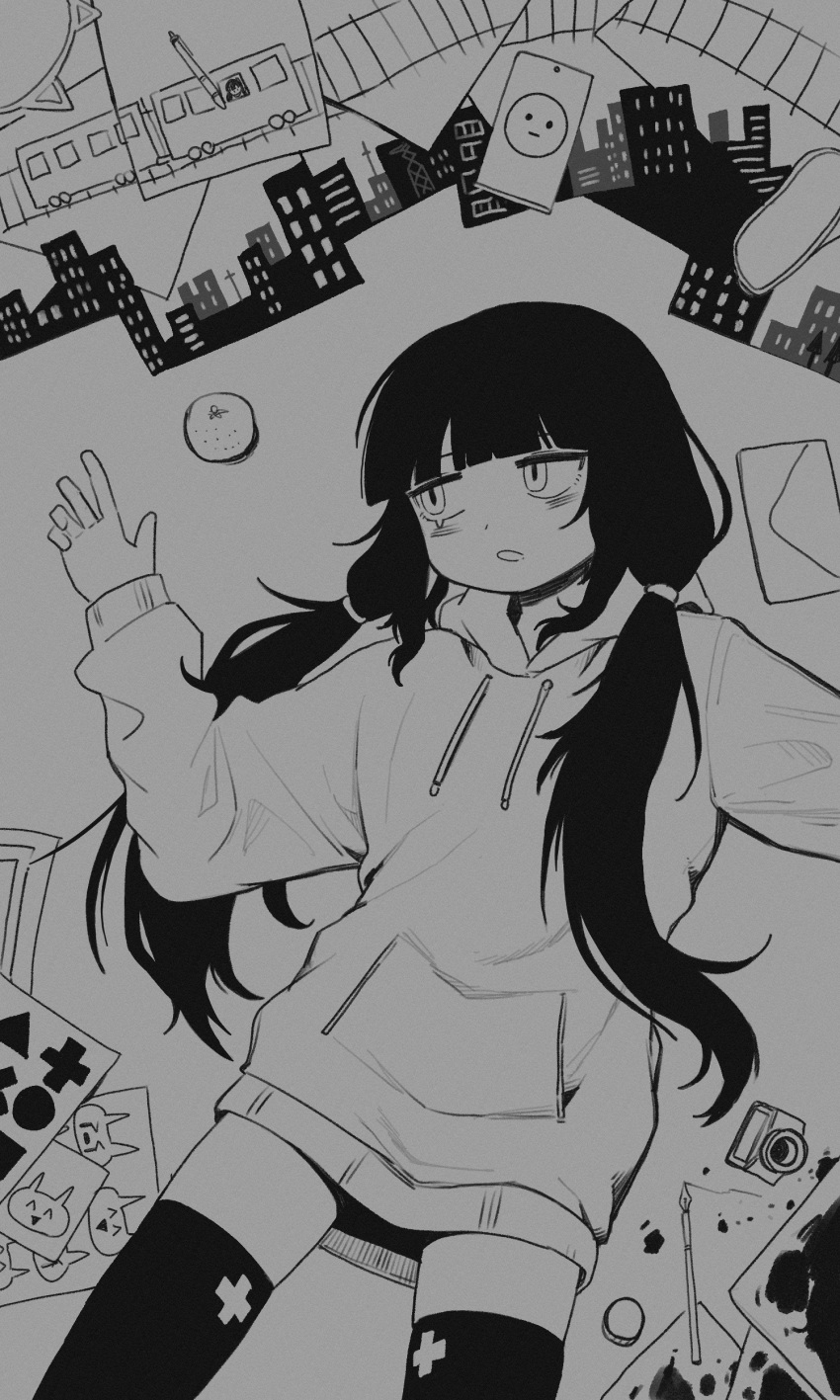 1girl, :o, absurdres, drawing_(object), drawstring, envelope, facing_viewer, food