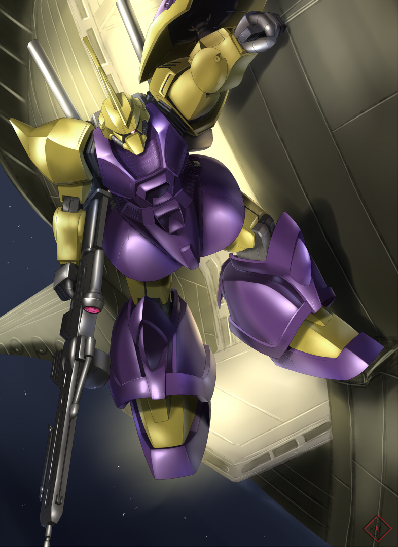 gelgoog, gelgoog_marine_cima_custom, gun, gundam, gundam_0083, mecha, mobile_suit, mobile_suit_gundam, no_humans, raybar, shield, signature, solo, space, weapon