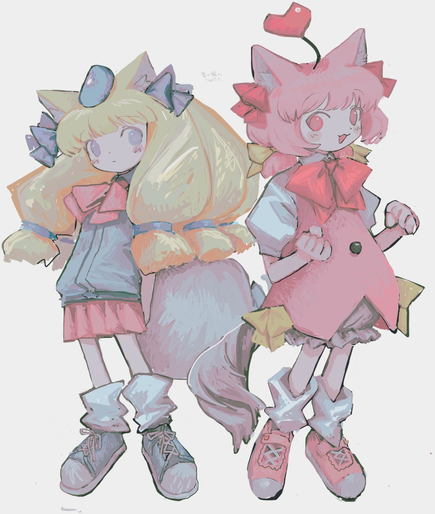 2girls, absurdres, animal_ears, arms_behind_back, blonde_hair, blue_eyes, blue_shirt, bow, cat_ears, cat_tail, clenched_hands, full_body, highres, kyuuri_ponpon_toto_rozanna, morumorumimiri, multiple_girls, nekoashi_otome, pink_eyes, pink_hair, pink_shirt, pink_skirt, shirt, skirt, standing, tail, towelket_wo_mou_ichido