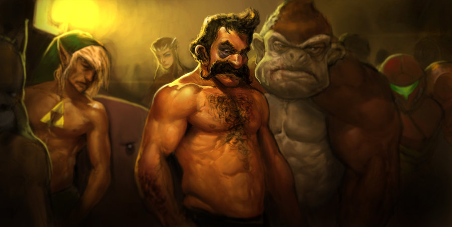 chest_hair, donkey_kong, kirby, link, mario, metroid, muscle, mustache