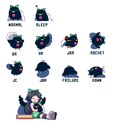 arm_cannon, bird, cape, english, kyako_youkan, lowres, pixel_art, reiuji_utsuho, reiuji_utsuho_(bird), touhou, touhou_hisoutensoku, transparent_background, weapon, wings