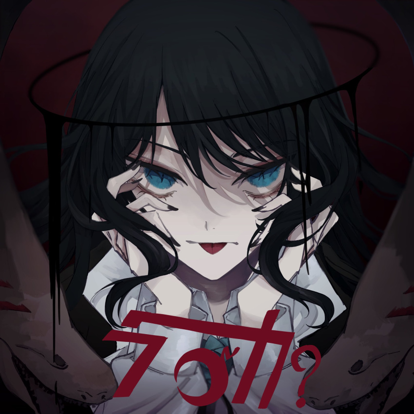 1girl, ado_(utaite), black_hair, black_halo, black_nails, blue_eyes, chando_(ado), collared_shirt