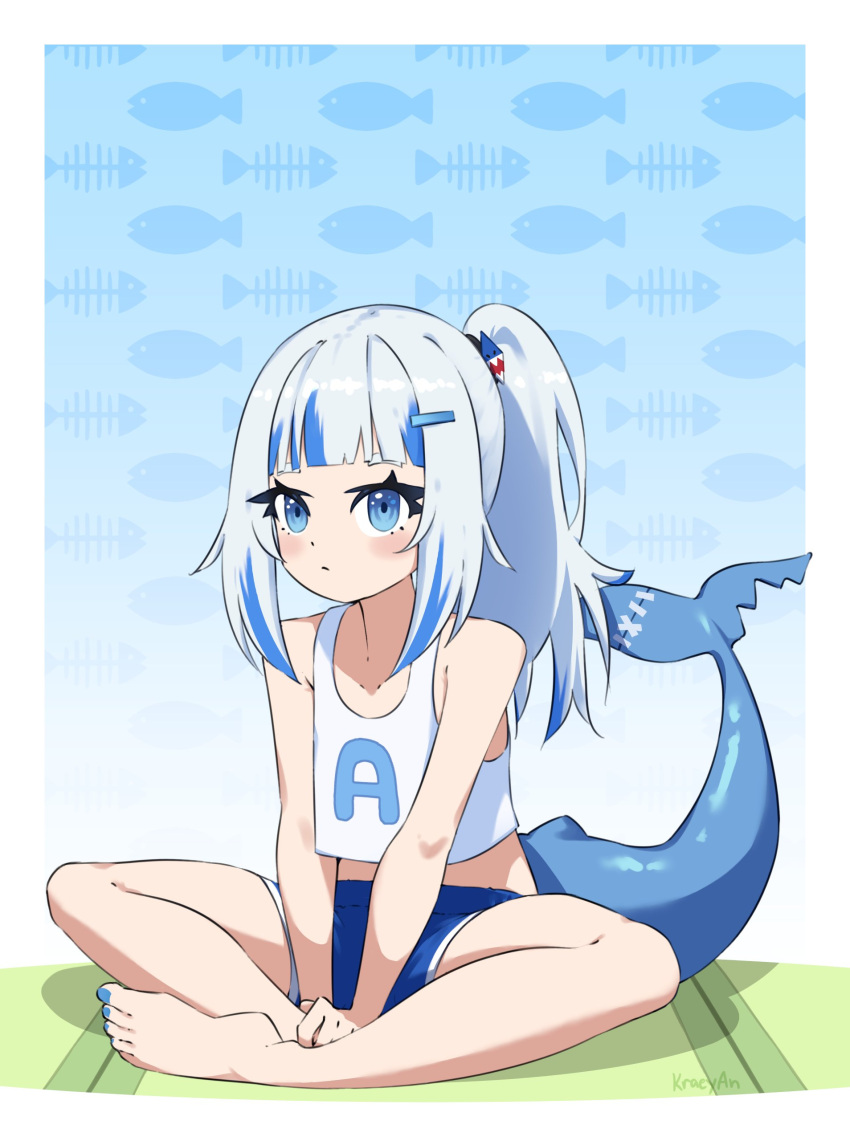 1girl, absurdres, alternate_costume, alternate_hairstyle, bare_legs, bare_shoulders, barefoot, blue_background, blue_eyes, blue_hair, blue_nails, blue_shorts, blunt_bangs, blush, border, closed_mouth, commentary, dot_mouth, dot_nose, english_commentary, expressionless, fins, fish_background, fish_tail, full_body, gawr_gura, hair_ornament, highres, hololive, hololive_english, indian_style, kraeyan, long_hair, multicolored_hair, nail_polish, ponytail, shark_girl, shark_hair_ornament, shark_tail, shorts, sidelocks, sitting, solo, streaked_hair, tail, tank_top, toenail_polish, toenails, v_arms, virtual_youtuber, white_border, white_tank_top