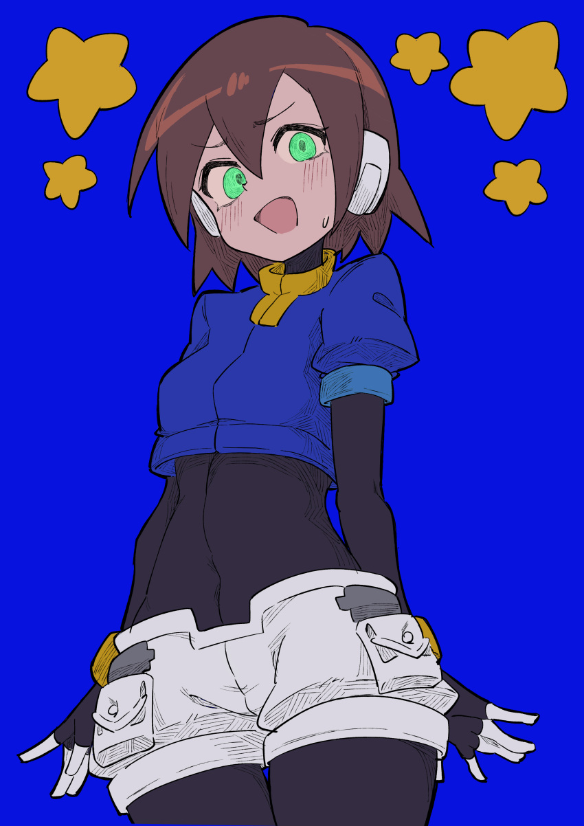 1girl, absurdres, aile_(mega_man_zx), black_bodysuit, blue_background, blush, bodysuit, bodysuit_under_clothes
