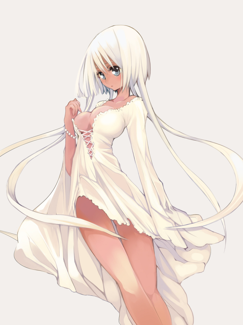 blush, breasts, cleavage, dark_skin, highres, long_hair, no_bra, saibashi