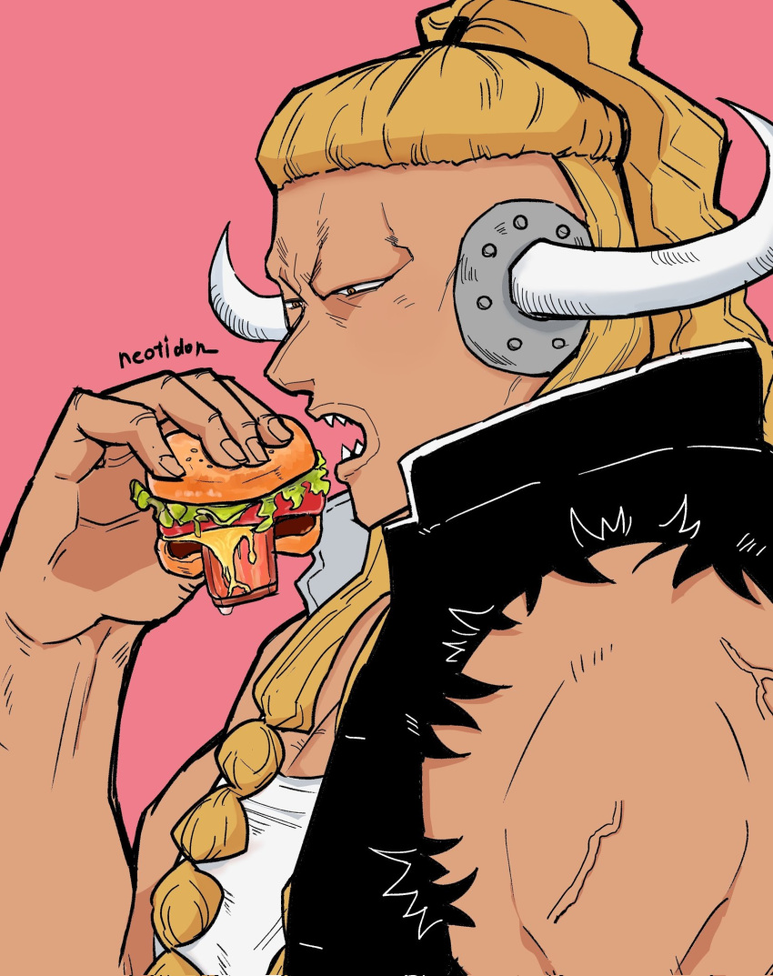 1boy, blonde_hair, braid, burger, curled_horns, dark-skinned_male, dark_skin, eating, food, from_side, high_ponytail, highres, horns, jack_(one_piece), long_hair, male_focus, muscular, muscular_male, no_eyebrows, one_piece, pink_background, ponytail, sharp_teeth, solo, teeth, torn_clothes, torn_sleeves, tsurime, upper_body, wodon_(neotidon)