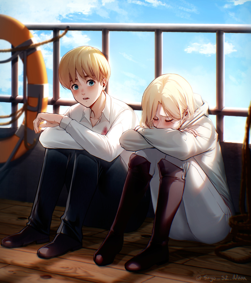 1boy, 1girl, absurdres, annie_leonhart, armin_arlert, black_footwear, black_pants, blonde_hair