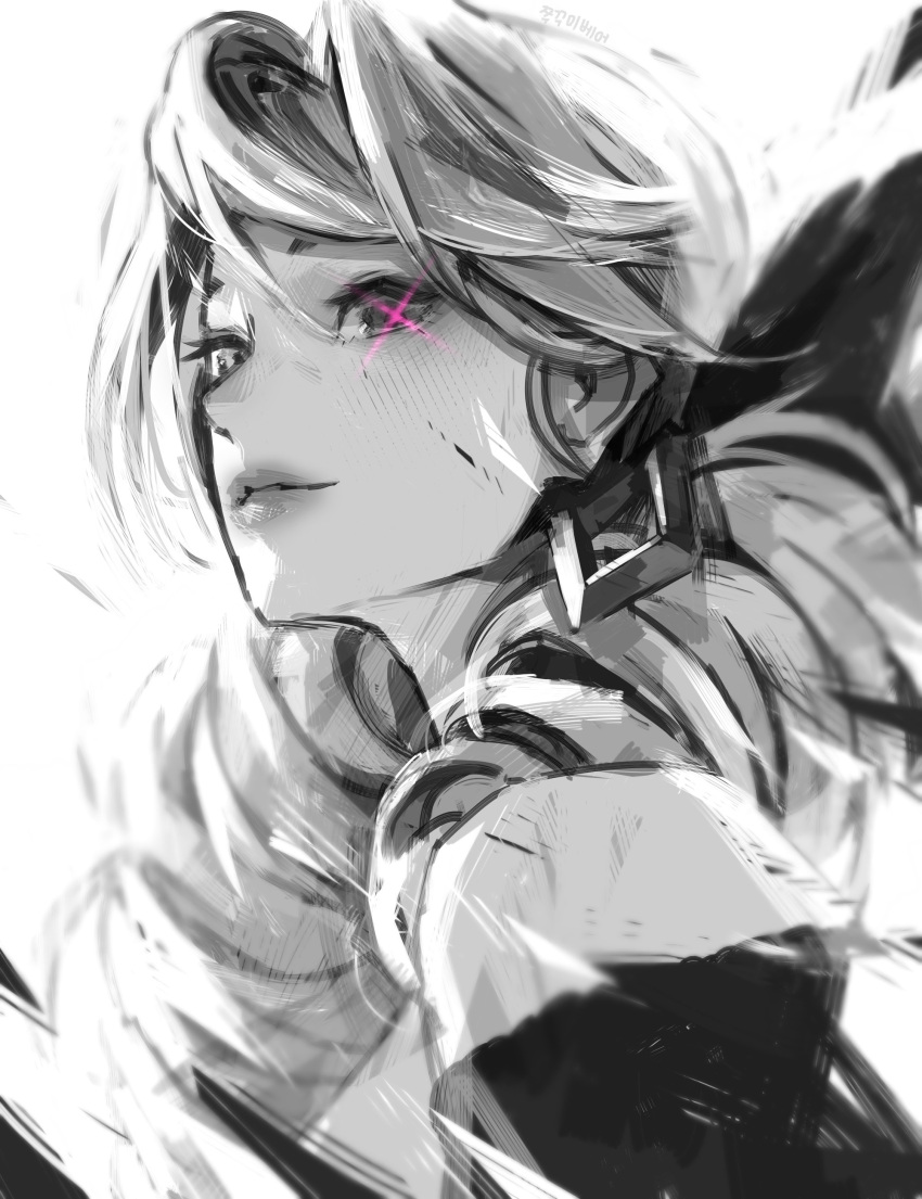 1girl, absurdres, bare_shoulders, bow, closed_mouth, drill_hair, from_side, gwen_(league_of_legends)