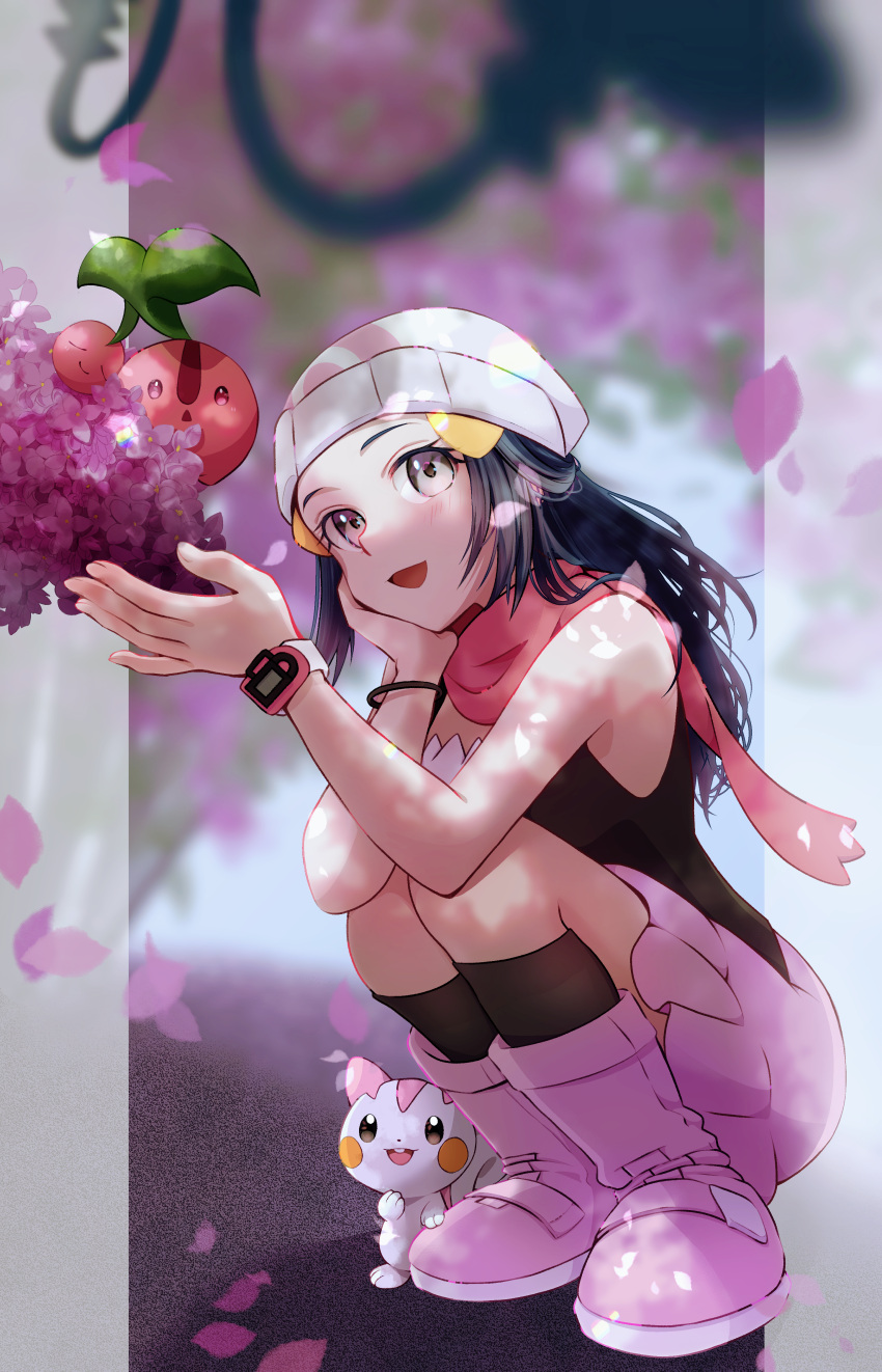 1girl, :d, absurdres, alternate_color, beanie, black_hair, black_shirt, blush, boots, cherubi, commentary_request, eyelashes, falling_petals, flower, grey_eyes, hat, highres, hikari_(pokemon), kneehighs, long_hair, looking_up, mesprit, open_mouth, pachirisu, petals, pink_scarf, pokemon, pokemon_(creature), pokemon_dppt, poketch, scarf, shiny_pokemon, shirt, skirt, sleeveless, sleeveless_shirt, smile, socks, squatting, watch, watch, white_hat, yurika_(poire087)