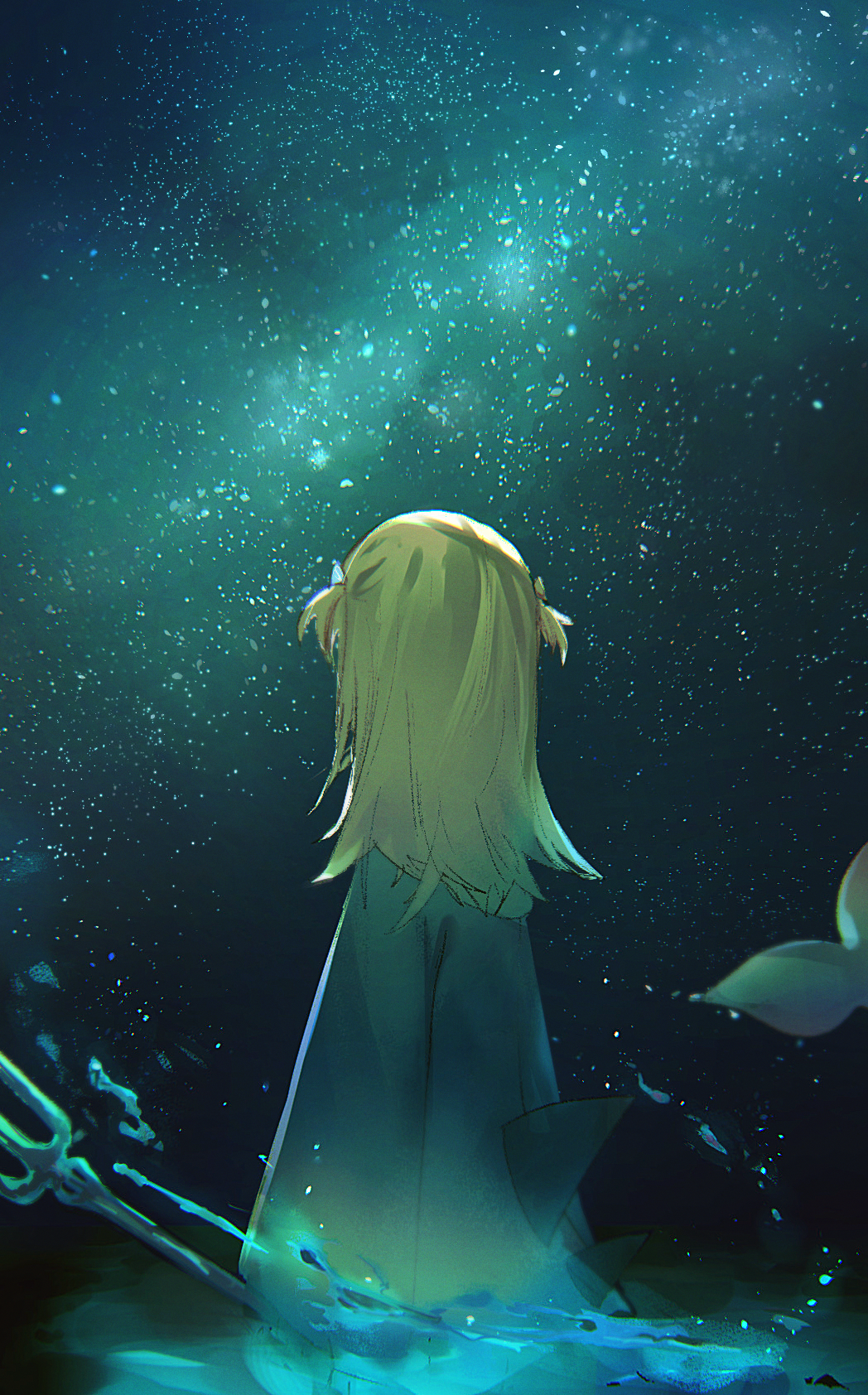 1girl, back, blue_hoodie, cowboy_shot, english_commentary, facing_away, fake_shark_fin, fins