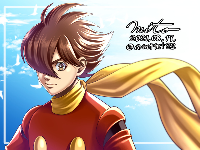 1boy, brown_eyes, brown_hair, colored_sclera, commentary, cyborg_009, dated, hair_over_one_eye
