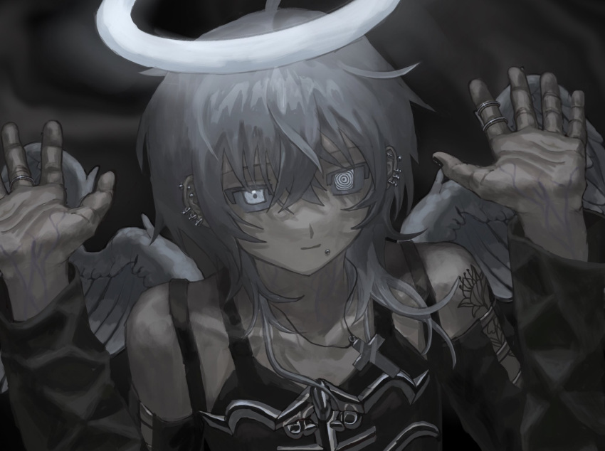 1other, angel, angel_wings, black_sleeves, black_vest, colored_sclera, ear_piercing, feathered_wings