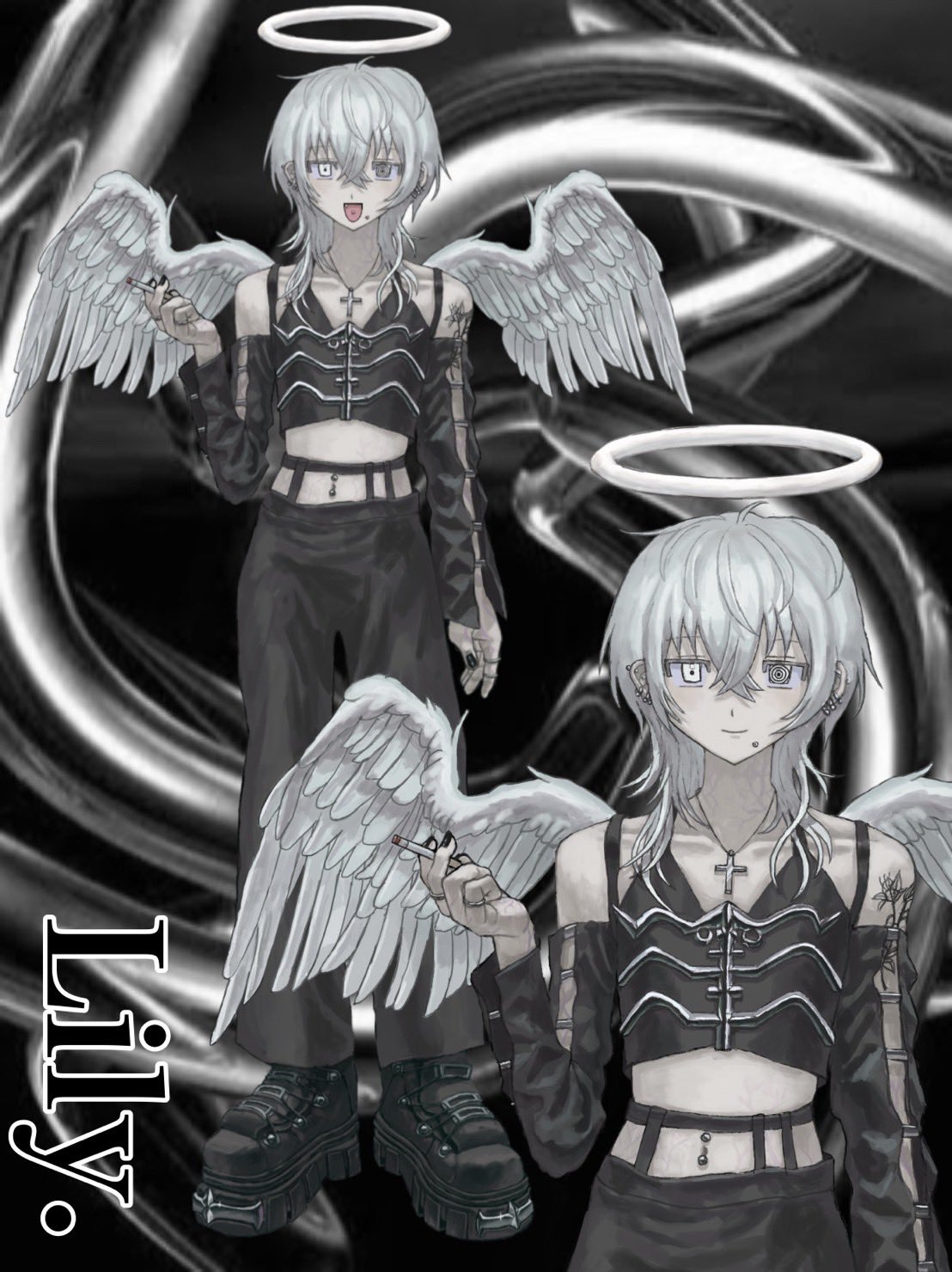 1other, abstract_background, angel, angel_wings, black_footwear, black_nails, black_pants, black_sleeves