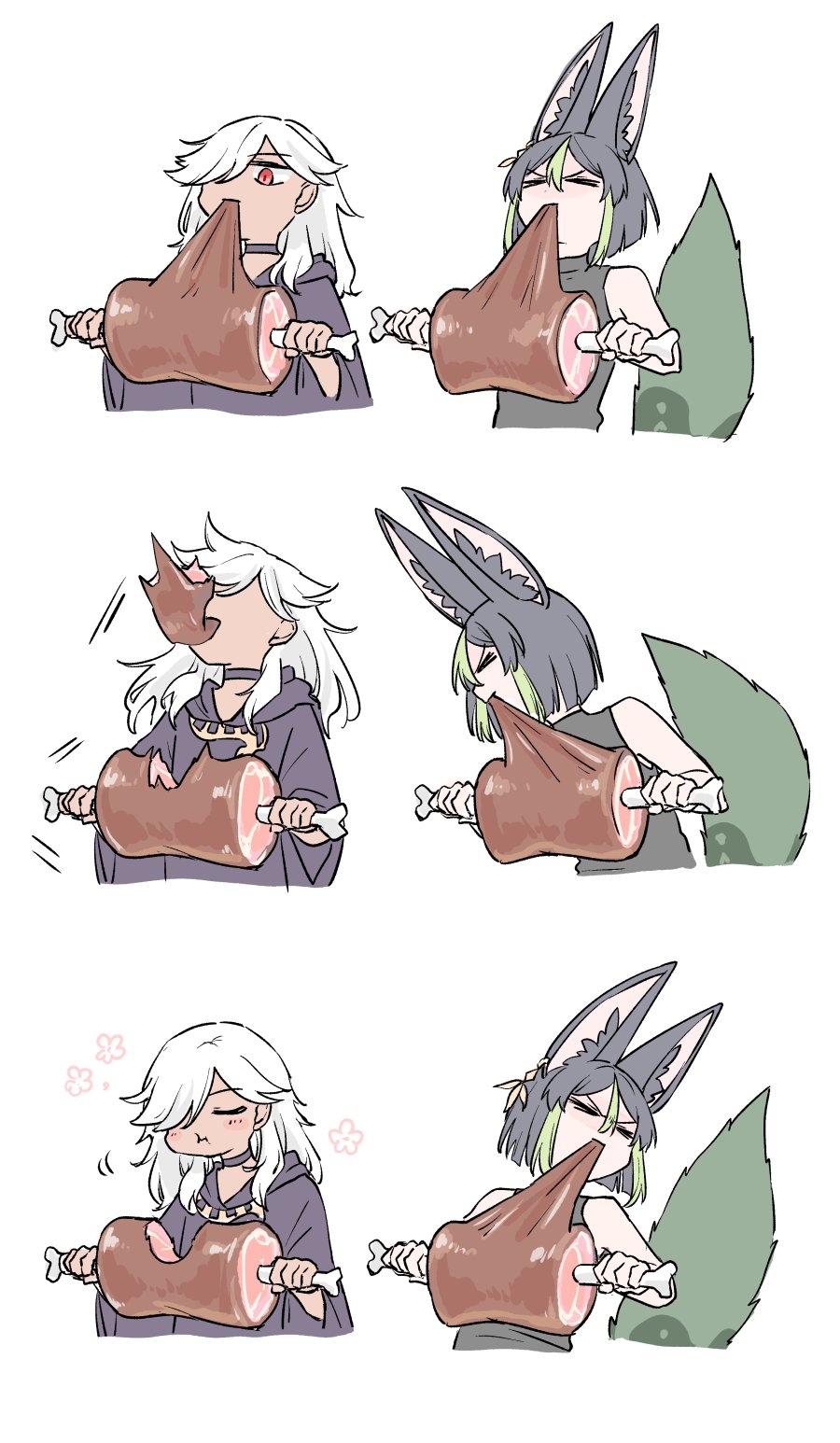 2boys, animal_ear_fluff, animal_ears, black_choker, black_cloak, black_hair, boned_meat, chewing