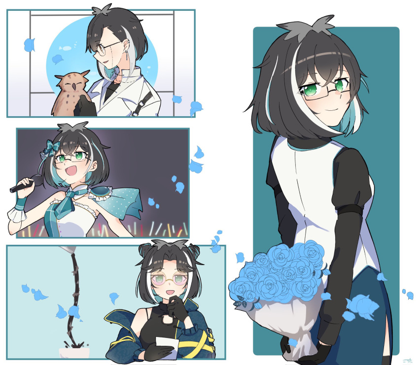 1girl, animare_stage_costume, bird, black_dress, black_gloves, black_hair, black_shirt, blue_coat