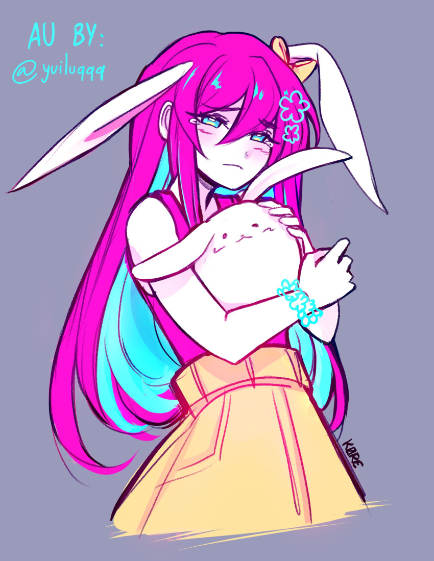 1girl, absurdres, alternate_universe, animal, animal_ears, aqua_bracelet, aqua_eyes, aqua_flower, aqua_hair, artist_name, aubrey_(omori), bare_arms, blush, bow, bracelet, closed_mouth, colored_inner_hair, colored_skin, cropped_torso, crying, crying_with_eyes_open, english_commentary, english_text, fake_animal_ears, flower, frown, grey_background, hair_between_eyes, hair_flower, hair_ornament, high-waist_skirt, highres, holding, jewelry, k0re_drawings, long_hair, looking_at_viewer, multicolored_hair, omori, pink_hair, pink_tank_top, rabbit, rabbit_ears, skirt, tank_top, tears, white_rabbit_(animal), white_skin, yellow_bow, yellow_skirt