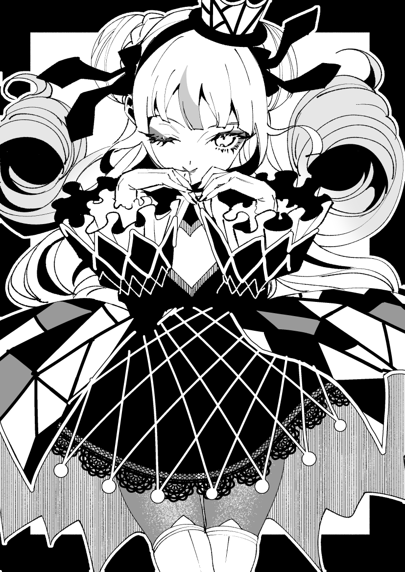 1girl, anchiki_shou, blunt_bangs, braid, braided_bun, crown, double_bun, dress, eyeshadow, frilled_sleeves, frills, gothic_lolita, greyscale, hair_bun, hair_ribbon, hairband, hands_up, idol_clothes, kokoa_remon, kokoa_remon_(primagista), lolita_fashion, long_hair, long_sleeves, looking_at_viewer, makeup, monochrome, multicolored_hair, one_eye_closed, pretty_series, ribbon, sidelocks, solo, stained_glass_print, streaked_hair, waccha_primagi!, wide_sleeves