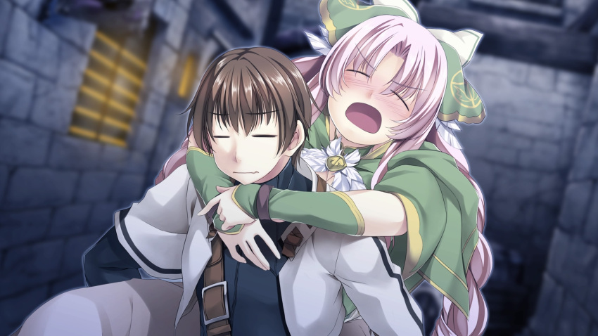1girl, =_=, alto_travers, atelier-moo, belt, braid, brown_hair, carrying