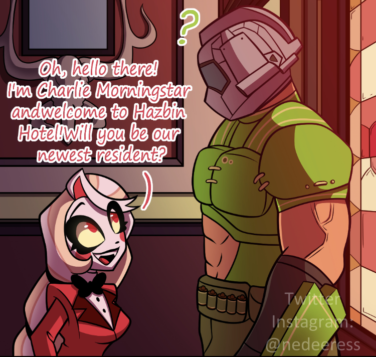 1boy, 1girl, armor, blonde_hair, bowtie, charlie_morningstar, crossover, dialogue