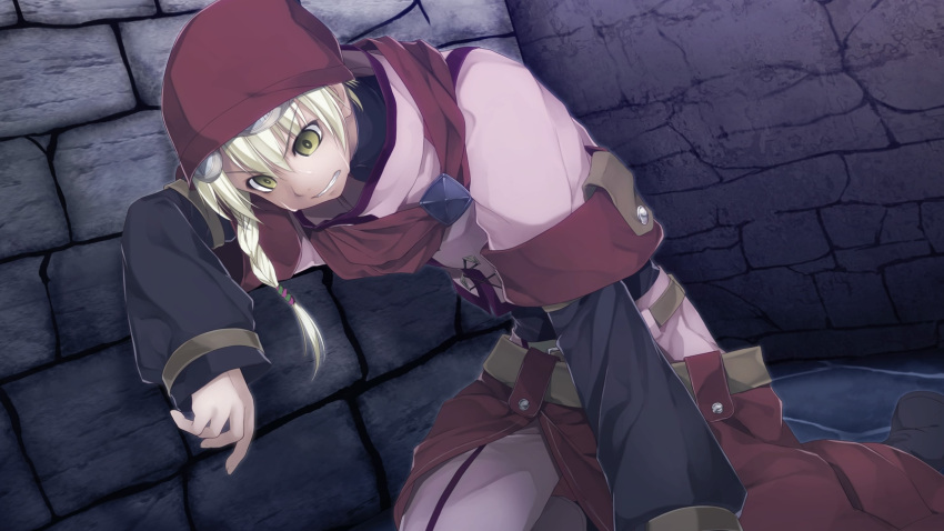 1boy, against_wall, atelier-moo, belt, blonde_hair, braid, clenched_teeth, empty_eyes, goggles, goggles_on_head, grey_swift, hair_between_eyes, hat, highres, kneeling, leaning_forward, long_sleeves, male_focus, open_mouth, red_hat, short_hair, solo, stone_floor, stone_wall, sweat, teeth, unworn_goggles, wizards_symphony, yellow_eyes