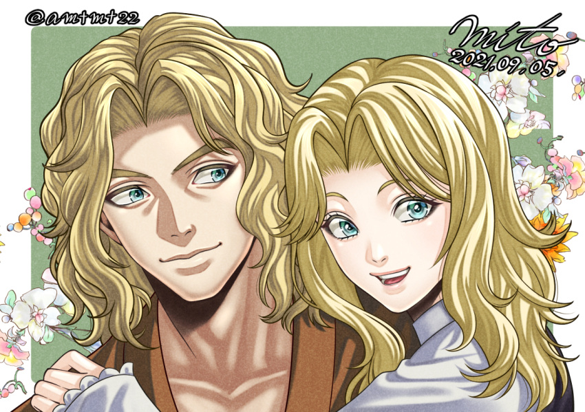 1boy, 1girl, blonde_hair, blue_eyes, brother_and_sister, dated, elena_robinson, floral_background