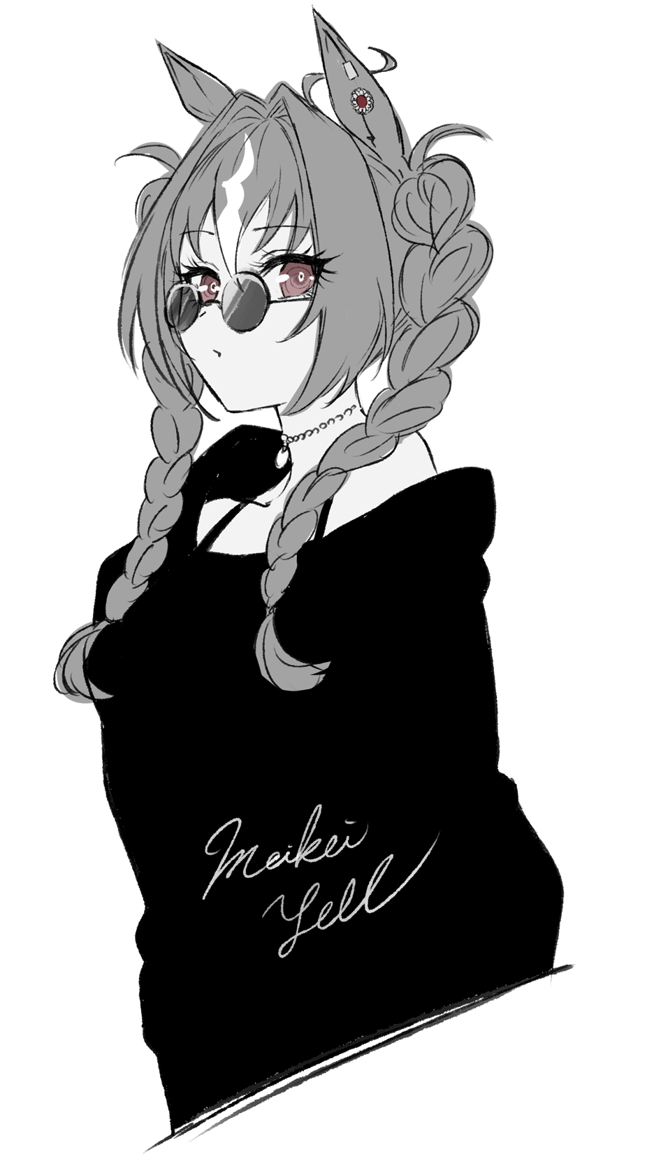 1girl, ahoge, animal_ears, black_shirt, braid, brown_eyes, character_name, choker, collarbone, eyebrows_hidden_by_hair, grey_hair, hair_between_eyes, highres, horse_ears, horse_girl, horse_tail, long_hair, looking_at_viewer, meikei_yell_(racehorse), mommy_maro, multicolored_hair, original, round_eyewear, shirt, simple_background, single_bare_shoulder, solo, sunglasses, tail, three_quarter_view, twin_braids, twintails, umamusume, upper_body, white_background, white_hair