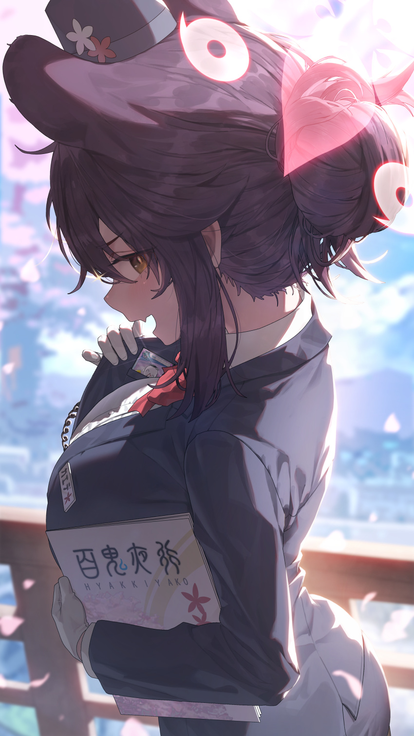 1girl, absurdres, animal_ears, black_hair, black_hat, black_skirt, blue_archive, blush