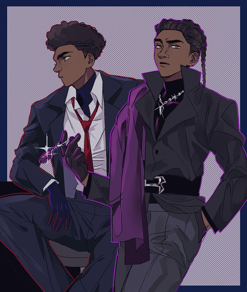 2boys, animification, belt, black_belt, black_hair, black_shirt, blue_bodysuit, blue_border