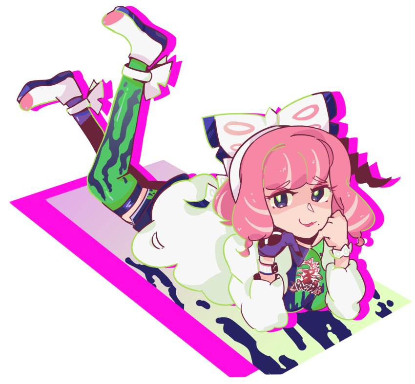 1girl, asymmetrical_legwear, bracelet, breasts, drill_hair, dynamax_band, eyeshadow, flipped_hair