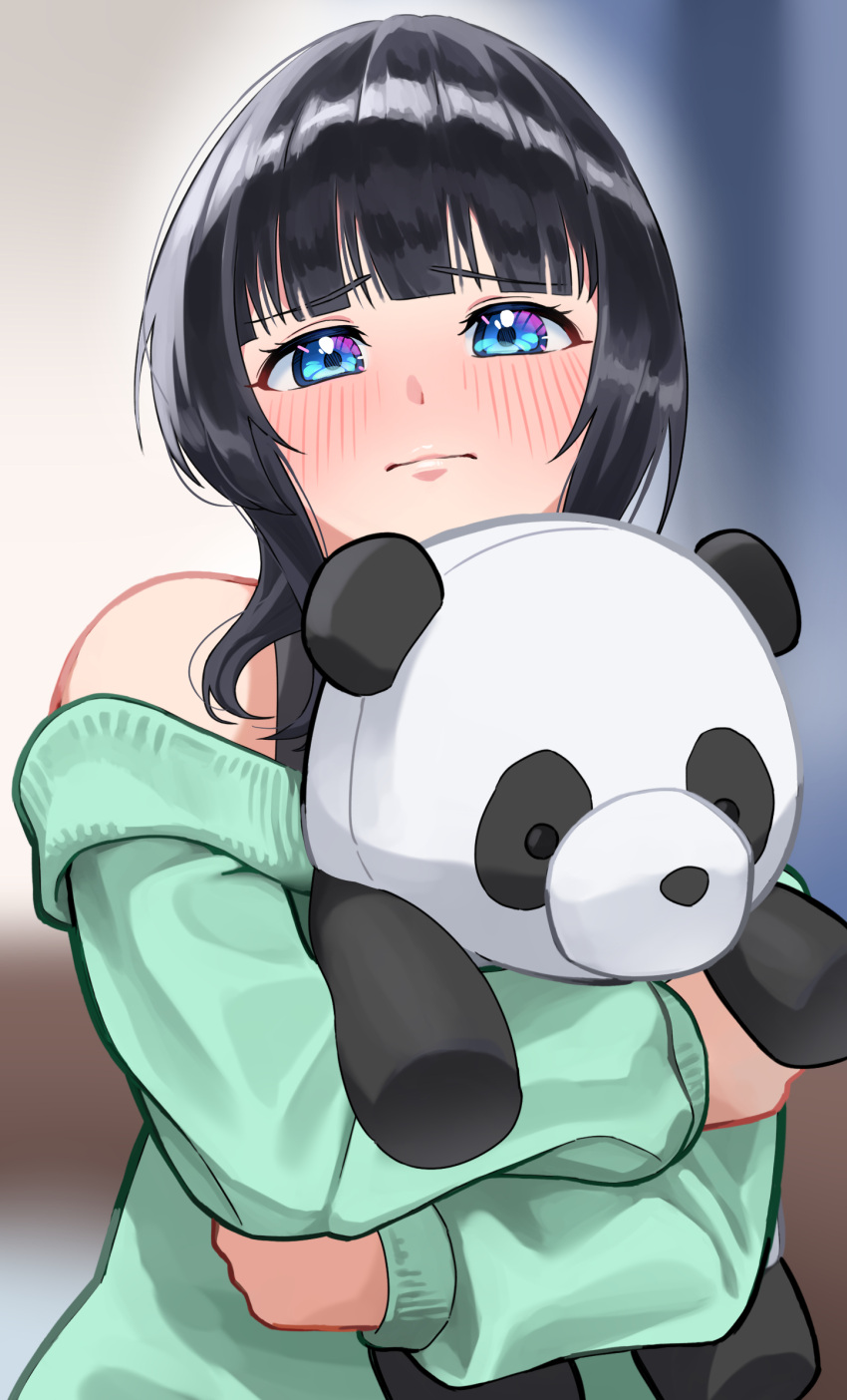 1girl, asaka_karin, black_hair, blue_eyes, blunt_bangs, blurry, blurry_background, blush, closed_mouth, commentary_request, furrowed_brow, green_sweater, highres, holding, holding_stuffed_toy, hugging_doll, hugging_object, indoors, long_sleeves, looking_at_viewer, love_live!, love_live!_nijigasaki_high_school_idol_club, medium_hair, off_shoulder, solo, stuffed_animal, stuffed_panda, stuffed_toy, sweater, tanaka_yaku, upper_body