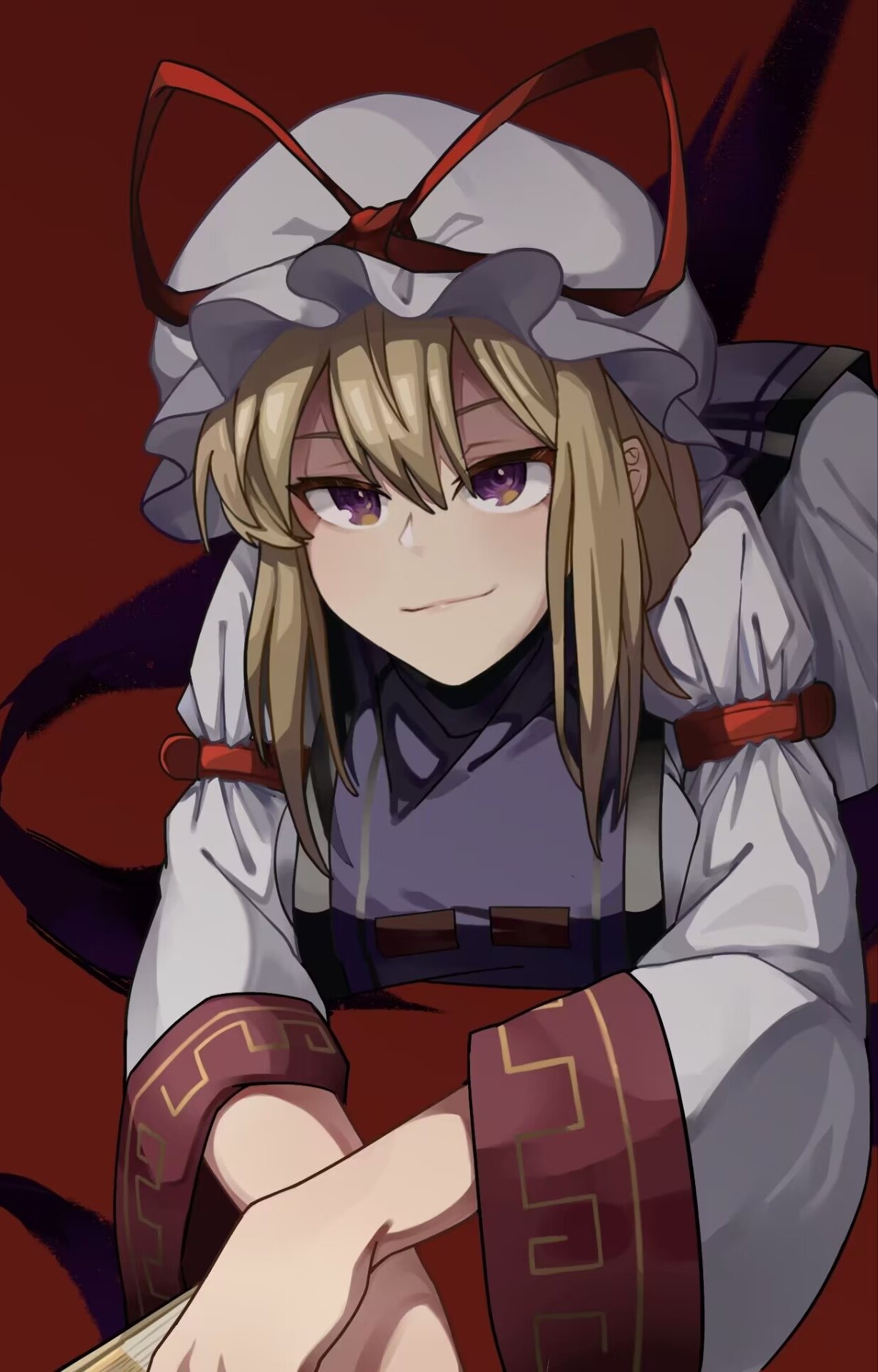 1girl, blonde_hair, breasts, closed_mouth, commentary_request, dress, gap_(touhou), hat