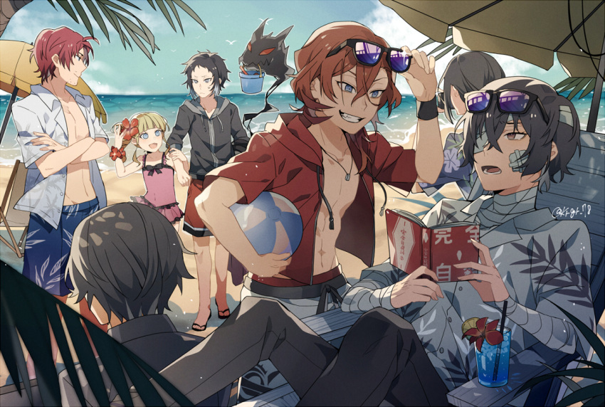6+boys, akutagawa_ryuunosuke_(bungou_stray_dogs), aviator_sunglasses, ball, bandage_on_face, bandaged_arm, bandages, beach, beach_umbrella, beachball, black_hair, blue_eyes, brown_hair, bungou_stray_dogs, clouds, dazai_osamu_(bungou_stray_dogs), glass, jacket, kiragera, multiple_boys, nakahara_chuuya, ocean, oda_sakunosuke_(bungou_stray_dogs), open_mouth, red_eyes, red_jacket, sand, sandals, shirt, short_hair, smile, sunglasses, umbrella, white_shirt