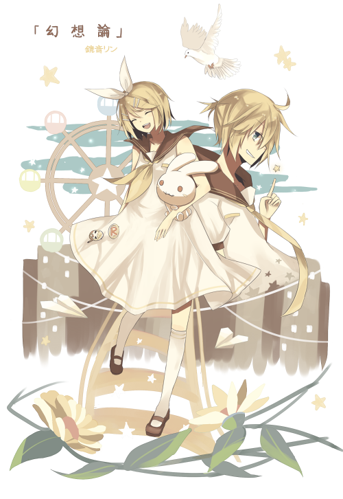 bad_id, bare_shoulders, bird, blonde_hair, brother_and_sister, bunny, dress, flower, gensou-ron_(vocaloid), hair_ornament, hair_ribbon, hairclip, itsia, itsiaorz, kagamine_len, kagamine_rin, kneehighs, leaf, necktie, open_mouth, ponytail, rabbit, ribbon, short_hair, siblings, skirt, smile, socks, stuffed_animal, stuffed_toy, twins, vocaloid, white_dress