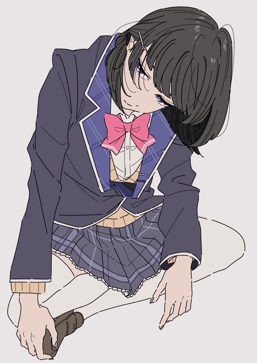 1girl, black_hair, blazer, blue_eyes, blue_jacket, blue_skirt, bow, bowtie
