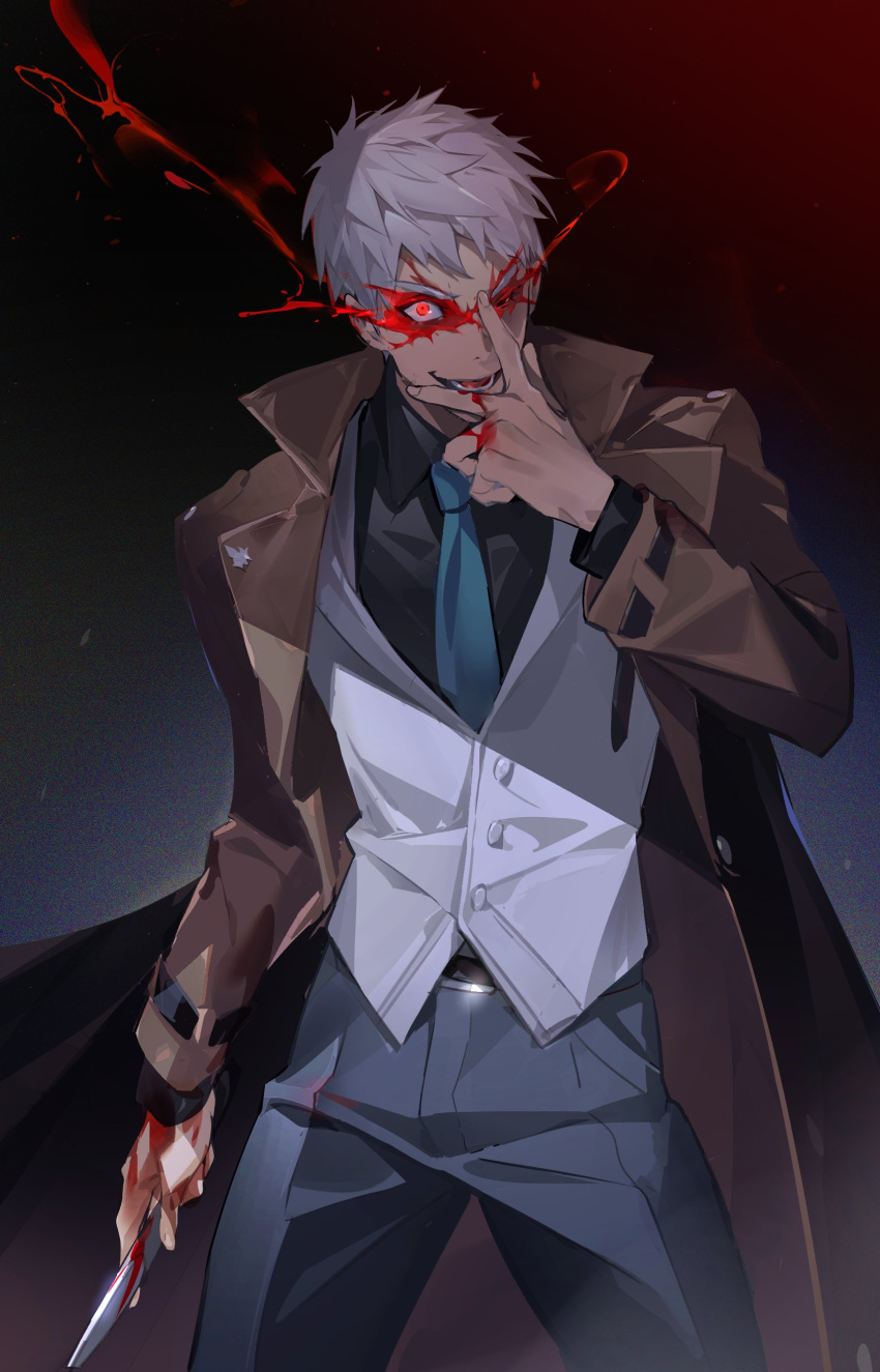 1boy, absurdres, belt, black_shirt, blood, blood_on_face, blood_on_hands, blood_on_knife