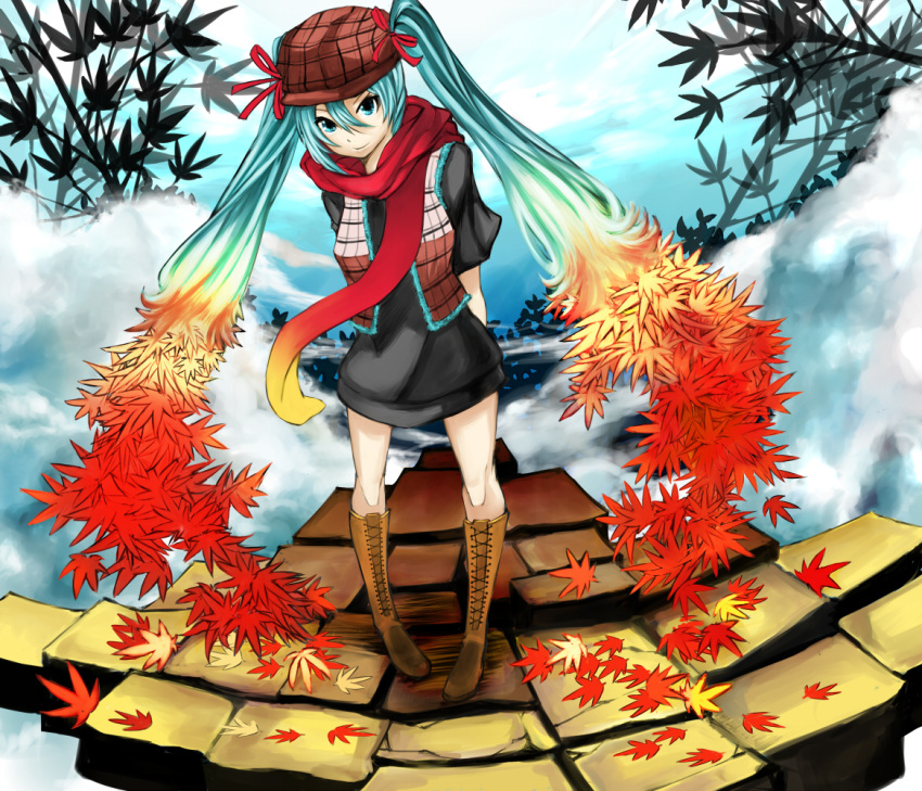 aqua_eyes, aqua_hair, autumn, boots, eiji_(eiji), gradient_hair, hat, hatsune_miku, leaf, long_hair, multicolored_hair, plaid, plaid_scarf, scarf, twintails, vocaloid