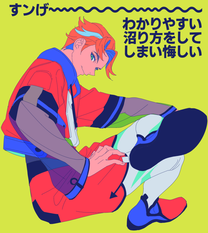 1boy, anchiki_shou, bad_id, bad_twitter_id, closed_mouth, from_side, full_body, green_eyes