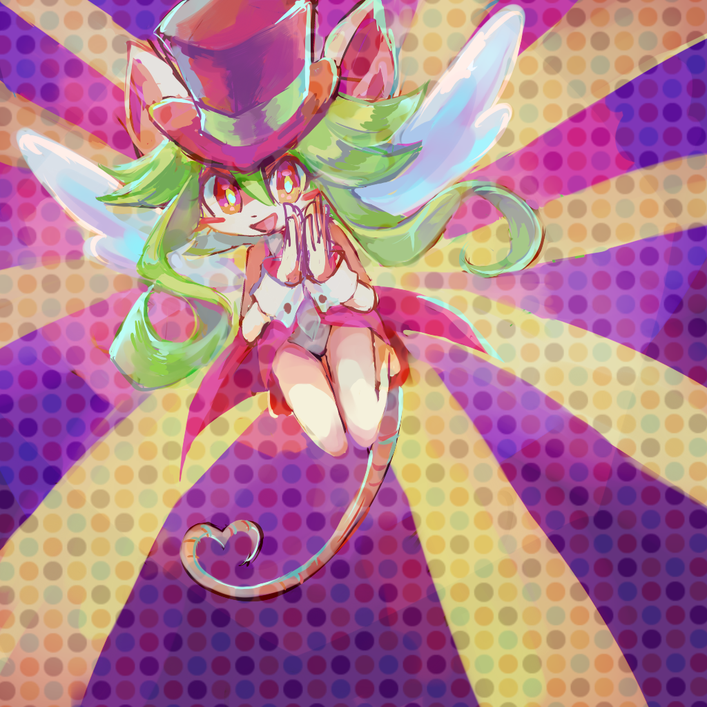 1girl, :d, animal_ears, blush_stickers, buttoned_cuffs, commentary_request, dress, feathered_wings