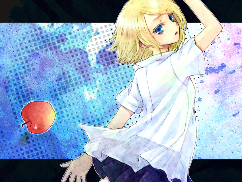 apple, arm_up, back, bad_id, blonde_hair, blue_eyes, food, from_behind