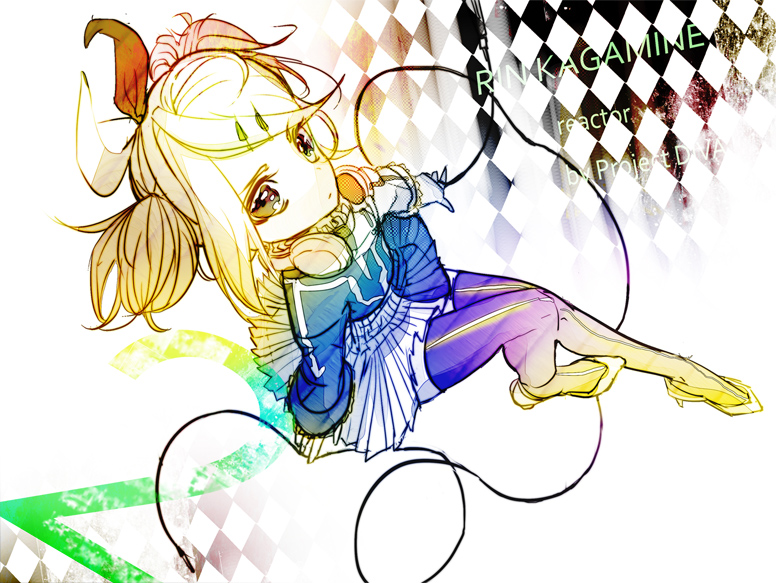 alternate_hairstyle, bad_id, blonde_hair, brown_eyes, dress, from_above, hagi_(artist), hair_ornament, hair_ribbon, hairclip, headphones, headphones_around_neck, high_heels, kagamine_rin, kagamine_rin_(roshin_yuukai/hard_rkmix), long_hair, looking_up, ribbon, roshin_yuukai_(vocaloid), shoes, skirt, solo, spot_color, thigh-highs, thighhighs, twintails, vocaloid, zettai_ryouiki
