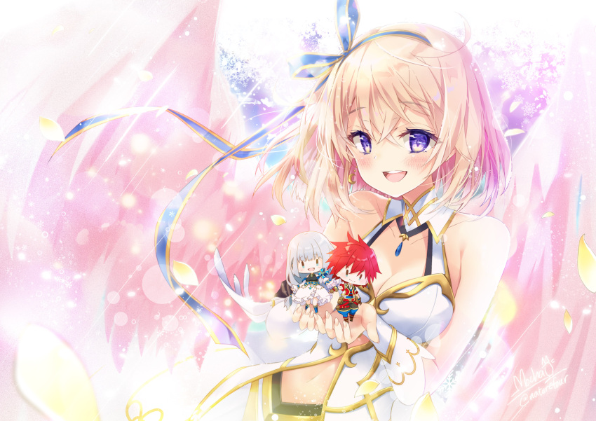 absurdres, airis_(shironeko_project), blonde_hair, blue_ribbon, chibi, commentary_request, dress, eleanor_(shironeko_project)