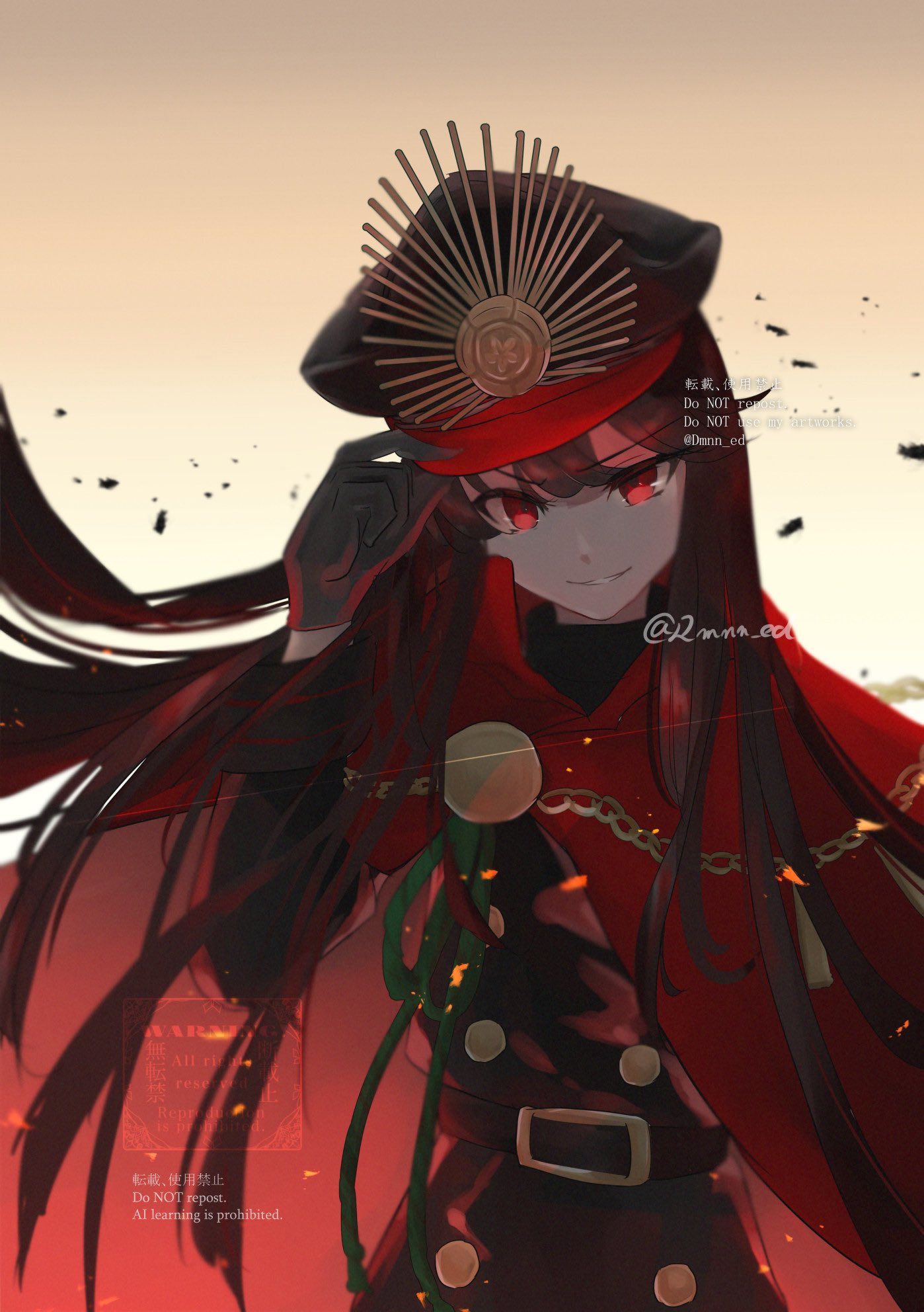 1girl, black_hair, cape, family_crest, fate/grand_order, fate_(series), gloves, hair_between_eyes, hat, highres, long_hair, long_sleeves, looking_at_viewer, military_uniform, oda_nobunaga_(fate), oda_nobunaga_(koha-ace), oda_uri, peaked_cap, red_cape, red_eyes, smile, solo, twitter_username, uniform, zumiki