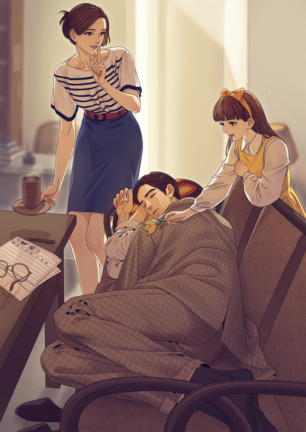 1boy, 2girls, banysun, belt, black_hair, black_socks, blanket, blue_skirt