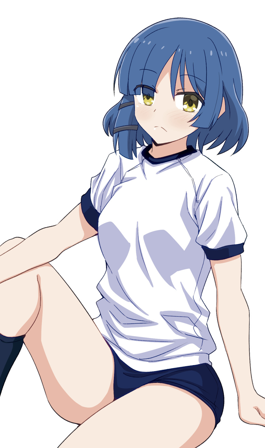 1girl, blue_buruma, blue_hair, blue_shorts, blue_socks, blush, bocchi_the_rock!, breasts