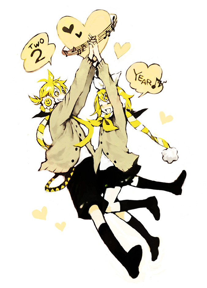 blush, brother_and_sister, hair_ornament, hair_ribbon, hairclip, headphones, heart, high_five