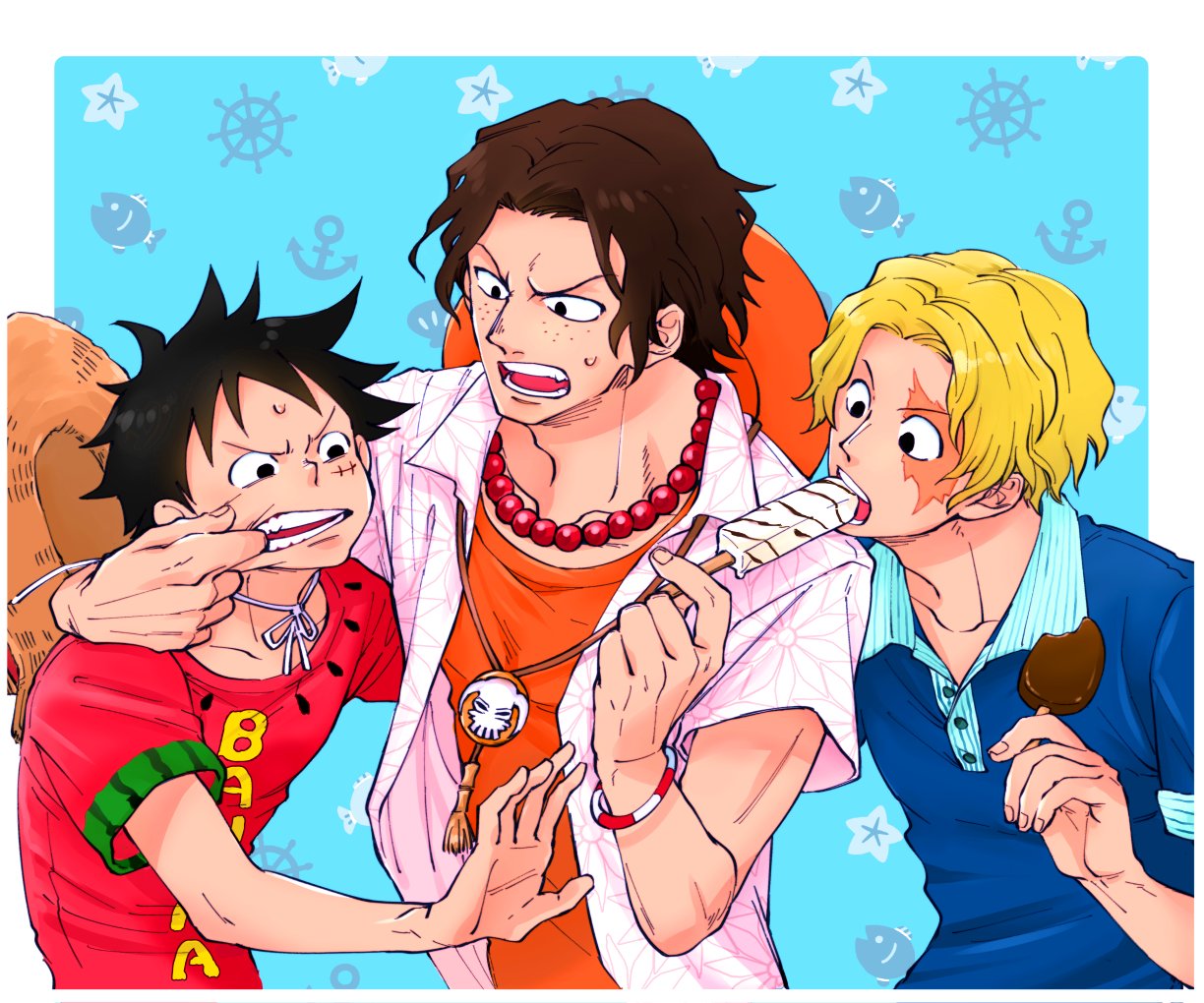 3boys, anchor_symbol, black_hair, blonde_hair, blue_background, blue_shirt, bracelet, chabo_(niwatori_bosori)