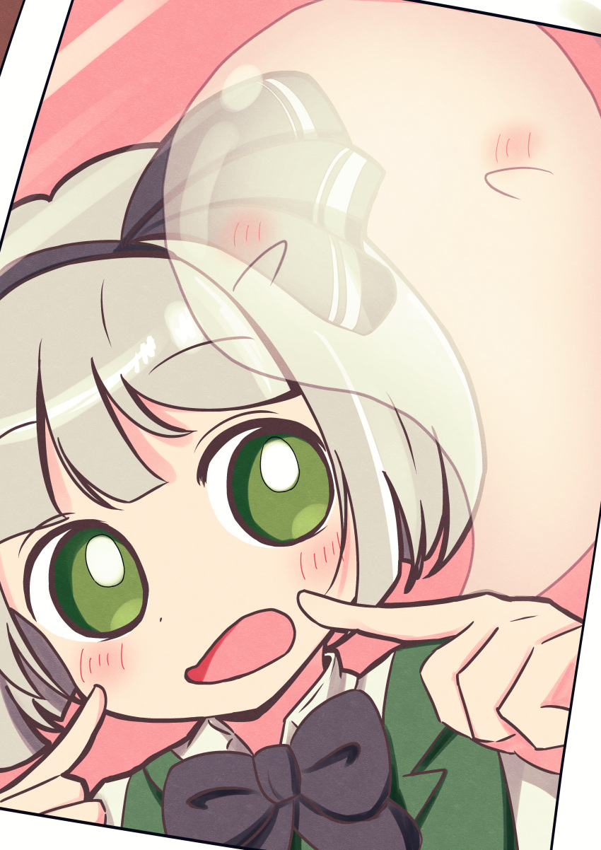 1girl, absurdres, azumayoriko, black_bow, black_bowtie, black_hairband, blush, bow, bowtie, commentary_request, ghost, green_eyes, grey_hair, hairband, highres, konpaku_youmu, konpaku_youmu_(ghost), looking_at_viewer, open_mouth, photo_(object), pink_background, pointing, pointing_at_self, short_hair, solo, touhou, upper_body