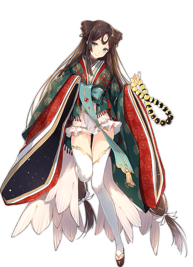 1girl, aqua_eyes, aqua_sash, ark_order, beads, black_hair, blush, closed_mouth, crescent, dress, facial_mark, feather_trim, feathers, forehead_mark, full_body, gold_trim, green_kimono, hair_ribbon, holding, japanese_clothes, kaguya_hime_(ark_order), kamon_(shinshin), kimono, layered_clothes, layered_kimono, long_hair, long_sleeves, looking_at_viewer, low-tied_long_hair, low_twintails, mole, mole_under_eye, official_art, prayer_beads, ribbon, sash, smile, solo, tachi-e, thigh-highs, toeless_legwear, transparent_background, twintails, two_side_up, white_dress, white_feathers, white_ribbon, white_thighhighs, wide_sleeves