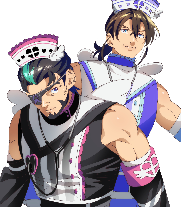 anchiki_shou, armband, bad_id, bad_twitter_id, bare_shoulders, beard, black_hair, black_shirt, blue_eyes, blue_shirt, brown_hair, character_request, check_character, closed_mouth, cosplay, crossdressing, eyepatch, facial_hair, green_hair, hat, heart, heart_print, idol_clothes, king_of_prism_by_prettyrhythm, looking_at_viewer, low_ponytail, male_focus, mature_male, multicolored_hair, muscular, muscular_male, norizuki_jin, nurse_cap, omega_achihiko, pretty_rhythm, pretty_series, pripara, shirt, short_hair, simple_background, smile, stethoscope, streaked_hair, upper_body, waccha_primagi!, white_background, wings