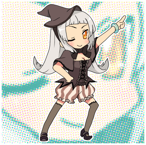 artist_request, bracelet, hand_on_hip, harvest_moon, harvest_moon_animal_parade, hat, jewelry, long_hair, orange_eyes, saturday_night_fever, silver_hair, smile, solo, thigh-highs, thighhighs, wink, witch, witch_(harvest_moon), witch_hat, zoom_layer